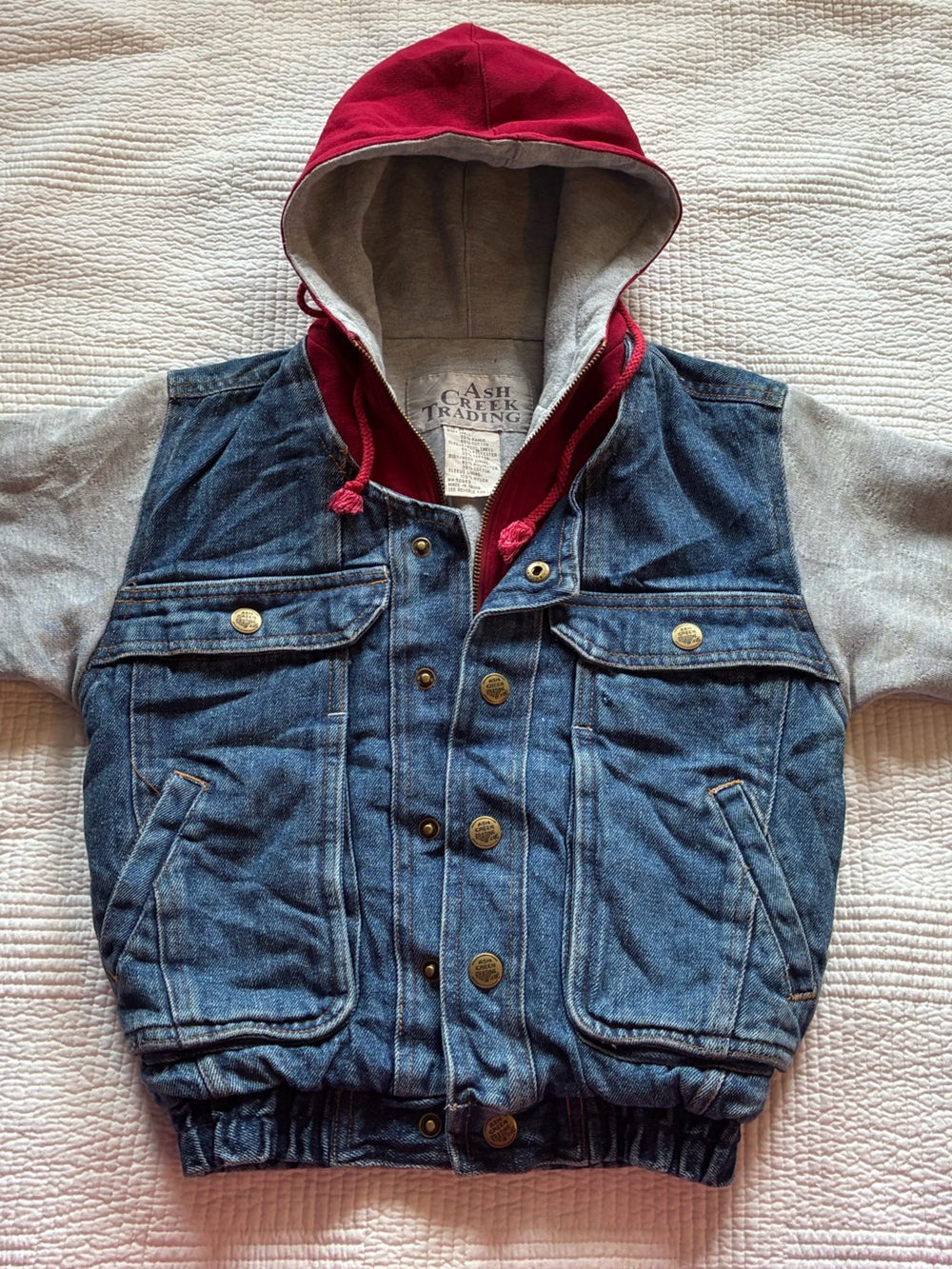 Ash Creek Trading Kids Denim Vest with Red Hood and Gray Sleeves